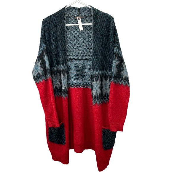Kerisma Nordic Fair Isle Cardigan Sweater Wool Blend S/M Red Black Blue Oversize - Picture 1 of 4